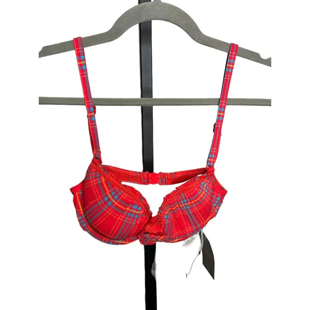 Seafolly bikini top bright red plaid frilly patterned NWT Size 8